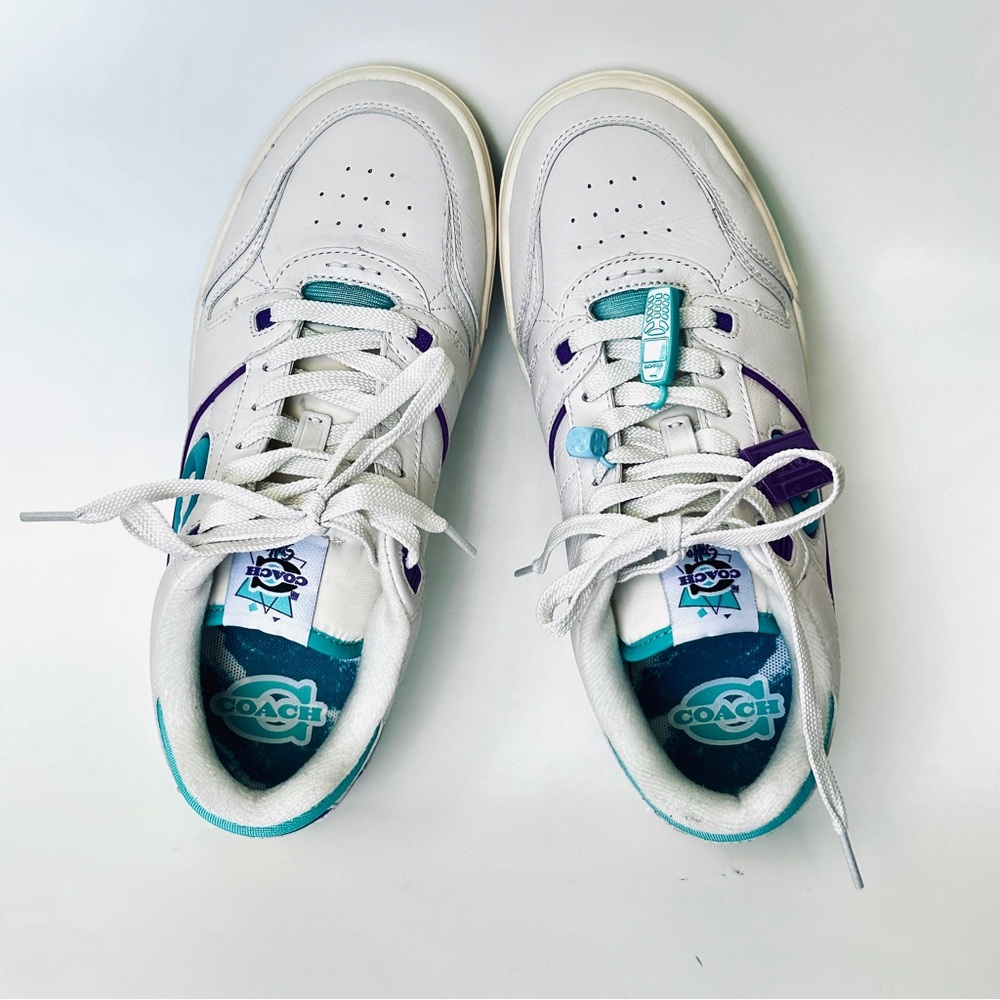 Coach Leather White and Teal Sneakers
